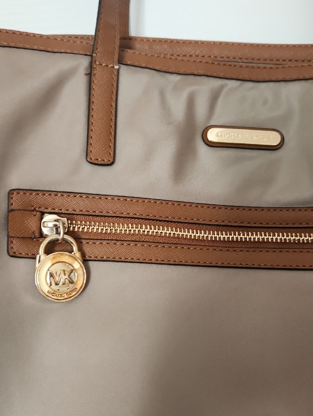 Michael Kors Taupe Tote with Brown Trim and Gold Hardware - Picture 2 of 4